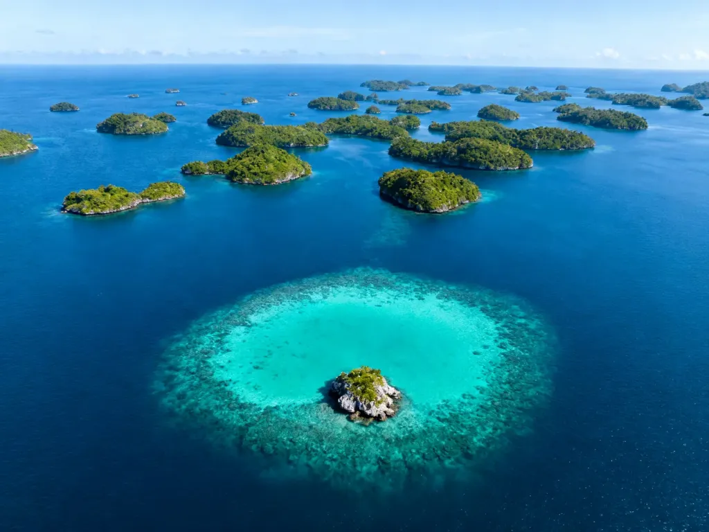 Widok z lotu ptaka na rozległy archipelag z tysiącami zielonych wysp rozsianych po błękitnym oceanie.