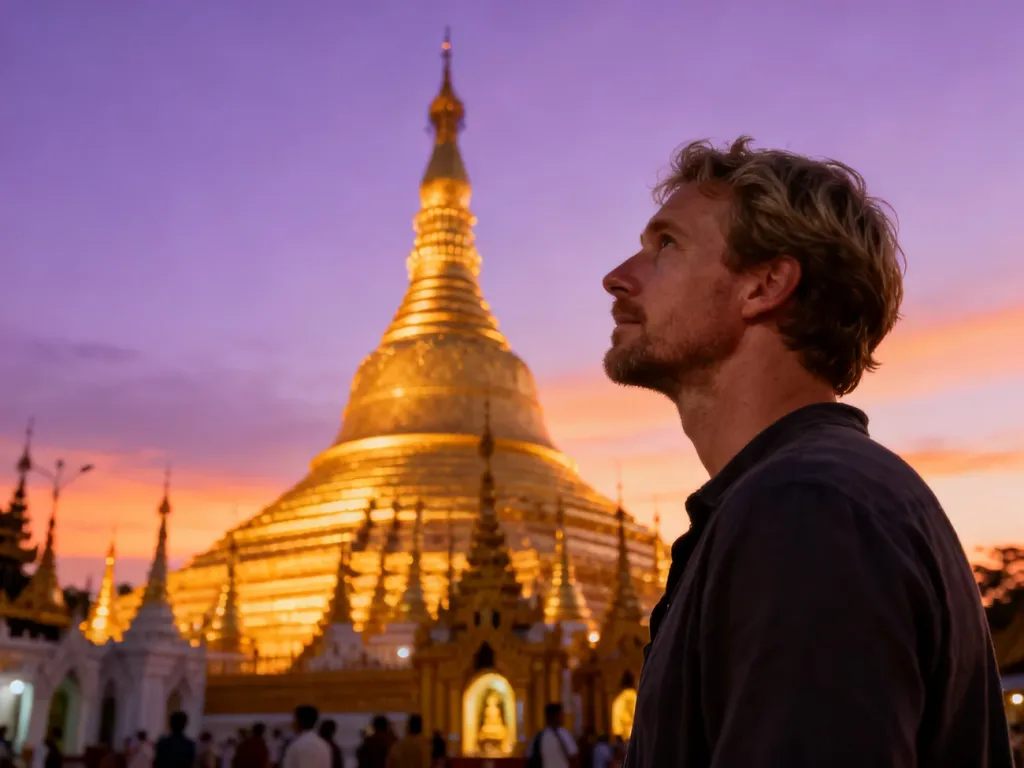 Mężczyzna podziwiający złotą pagodę Shwedagon w Mjanmie podczas zachodu słońca.