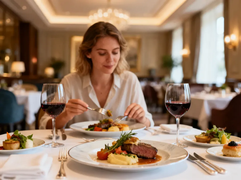 Elegancko nakryty stół w hotelowej restauracji, przy którym gość delektuje się wykwintną kolacją w ramach oferty wyżywienia.