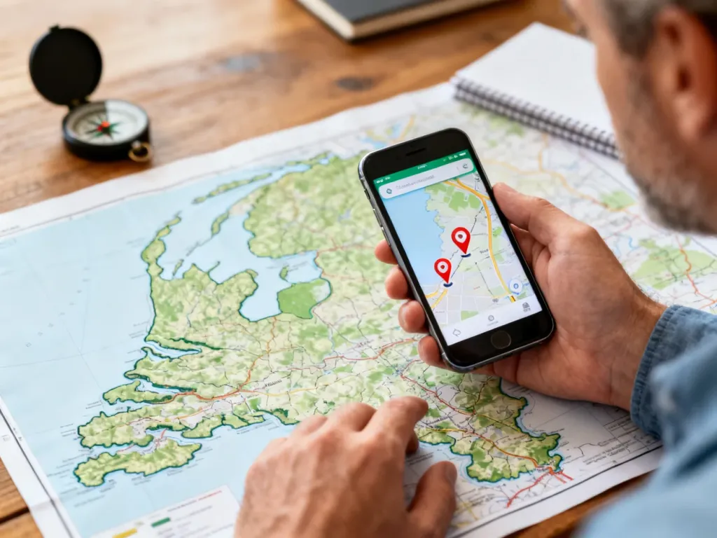 Osoba trzymająca smartfon z aplikacją nawigacyjną nad mapą Holandii, co ułatwia lokalizację i sprawdzanie kodów pocztowych.