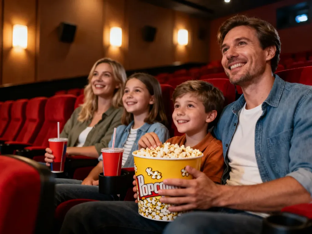 Szczęśliwa czteroosobowa rodzina z popcornem w kinie, ciesząca się wspólnym seansem filmowym.