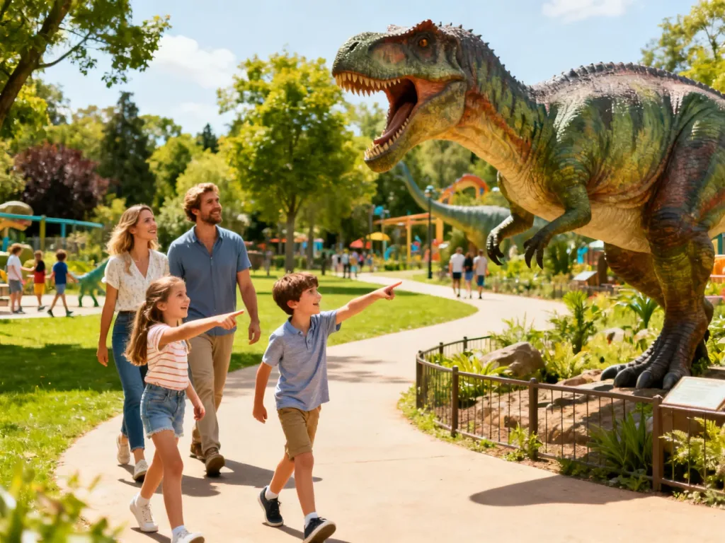 Rodzina z dziećmi zwiedzająca park dinozaurów w Bałtowie w słoneczny dzień.