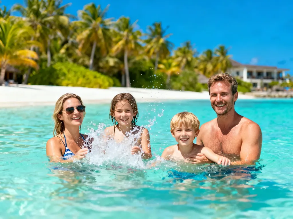 Szczęśliwa rodzina bawiąca się w turkusowej wodzie w Tropical Island. Idealne miejsce na rodzinny wypoczynek.