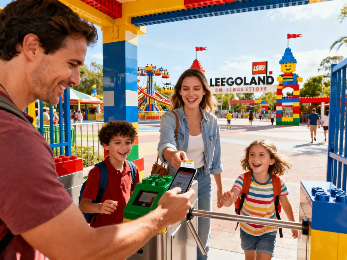 Rodzina skanująca bilety w telefonie przy wejściu do parku LEGOLAND