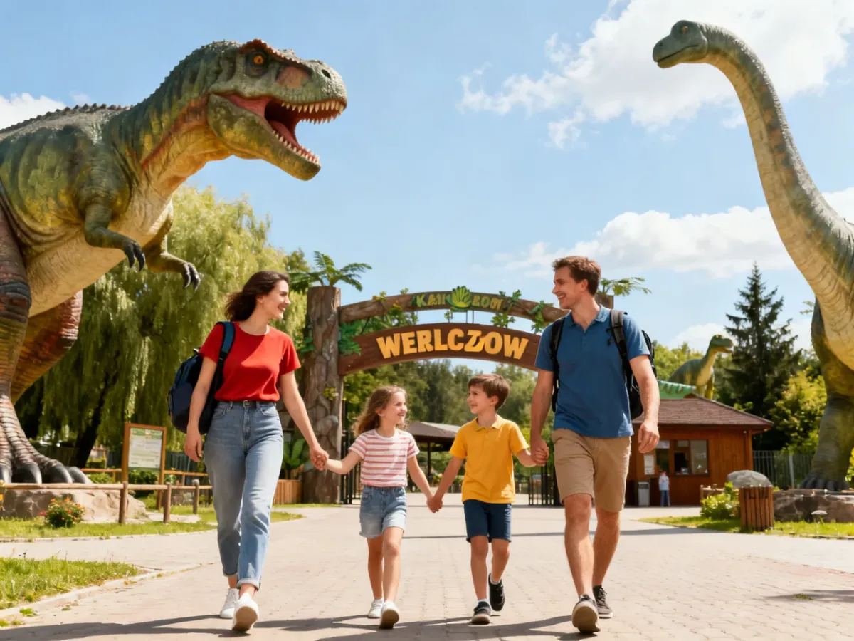 Rodzina przed wejściem do JuraParku Krasiejów z figurami dinozaurów w tle