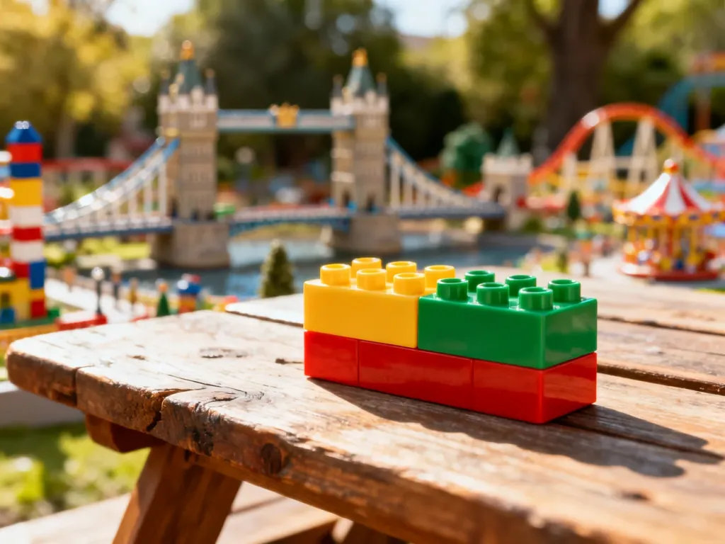 Kolorowy klocek na drewnianym stole na tle miniaturowego parku rozrywki z klocków LEGO.