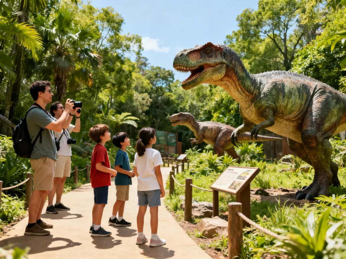 Rodzina zwiedzająca ścieżkę edukacyjną wśród modeli dinozaurów