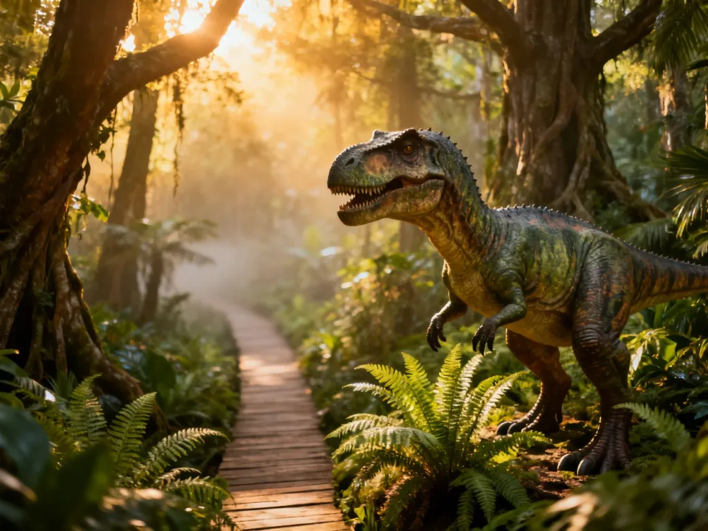 Realistyczny model tyranozaura w leśnej scenerii Parku Dinozaurów w Krasiejowie. Ścieżka prowadzi zwiedzających przez dżunglę.