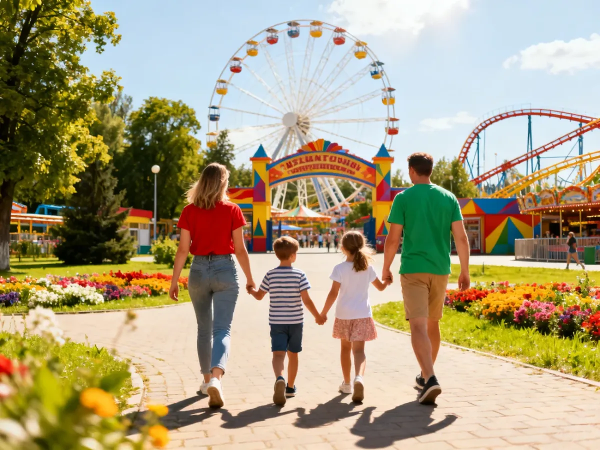 Rodzina przy wejściu do Julinek Park w letni dzień