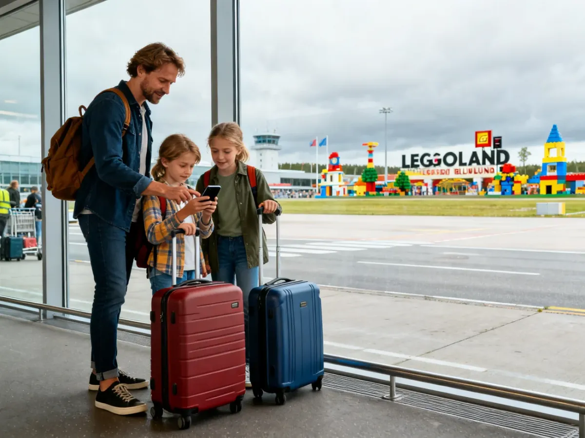 Rodzina z bagażami planująca dojazd do LEGOLAND Billund
